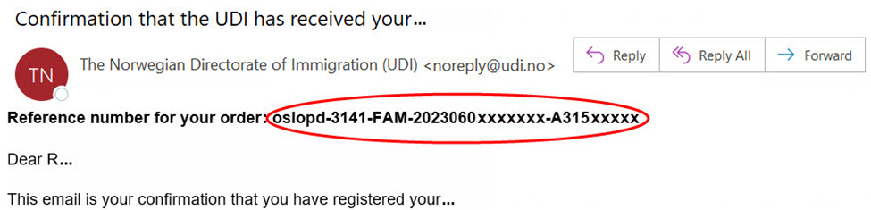 Screenshot of email from UDI showing where to find reference number